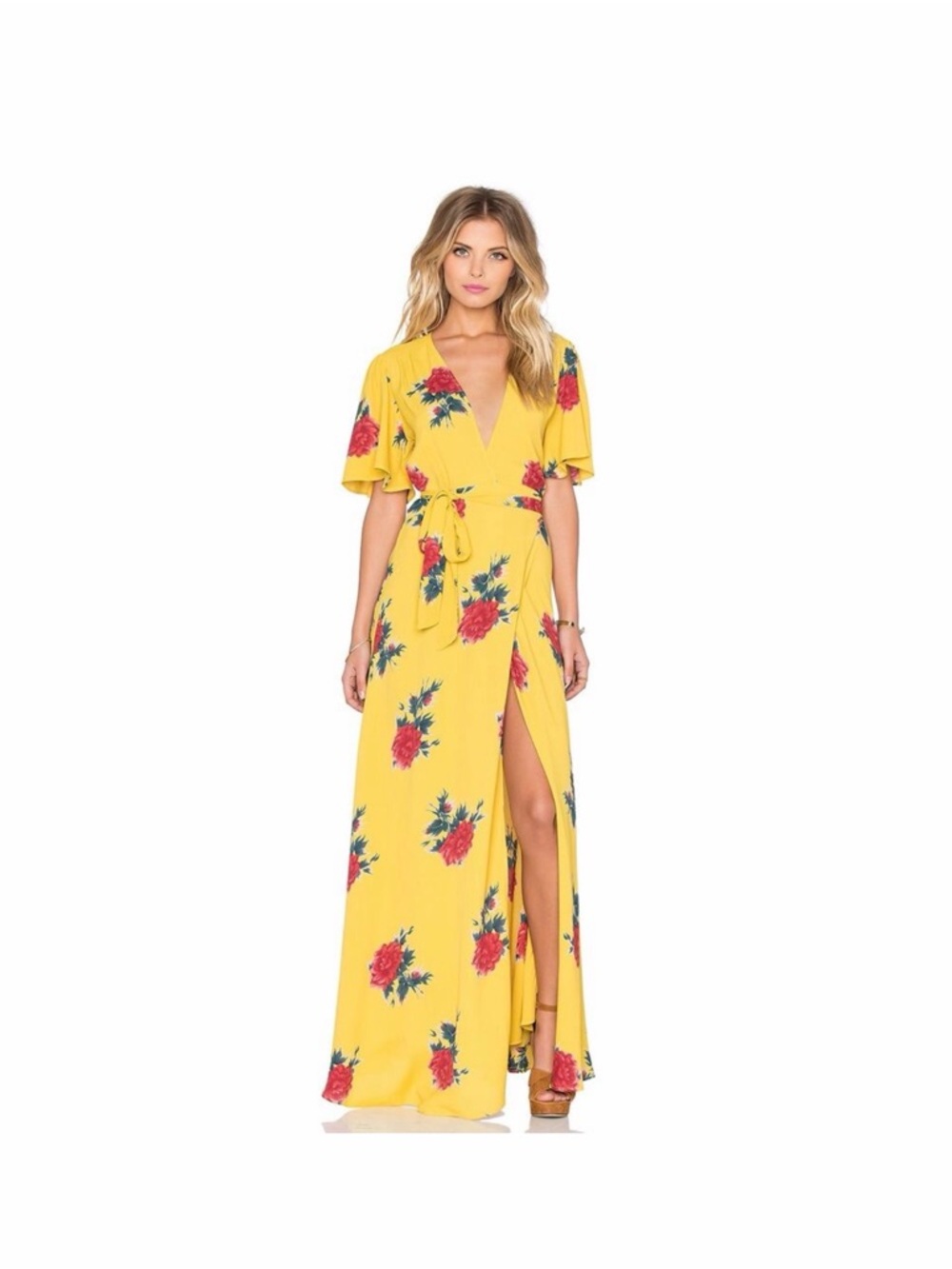 Privacy Please Canary Floral Wrap Maxi Dress with Tie Waist Size XS
